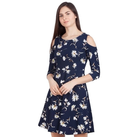 Zink London Women dark Navy Blue Printed flower pattern Fit & Flare Dress XL - Picture 17 of 17